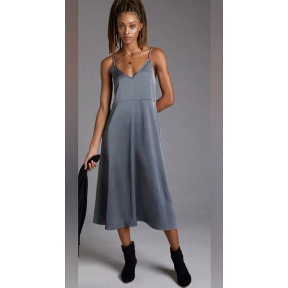 Anthropologie Daily Practice‎ Satin Midi Slip Dress Pewter Gray w/ Pockets S